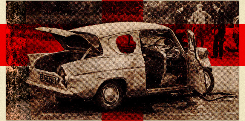 1960s newspaper photograph of crashed car